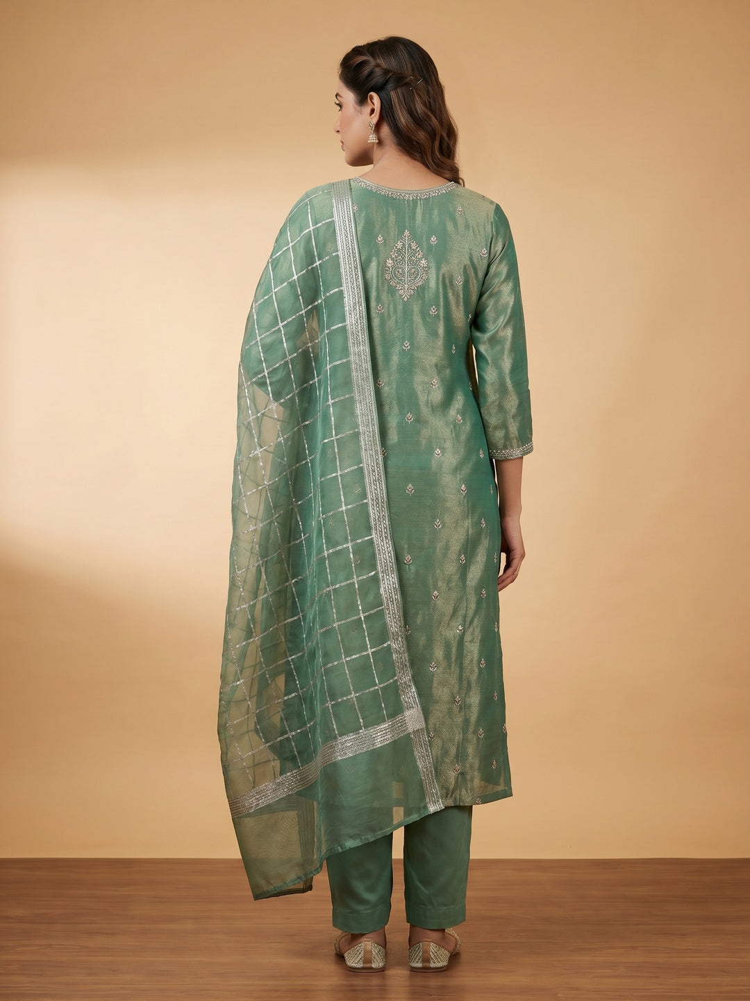 Green Woven With Handwork Shimmer Banarasi Silk Material Material - Image 3