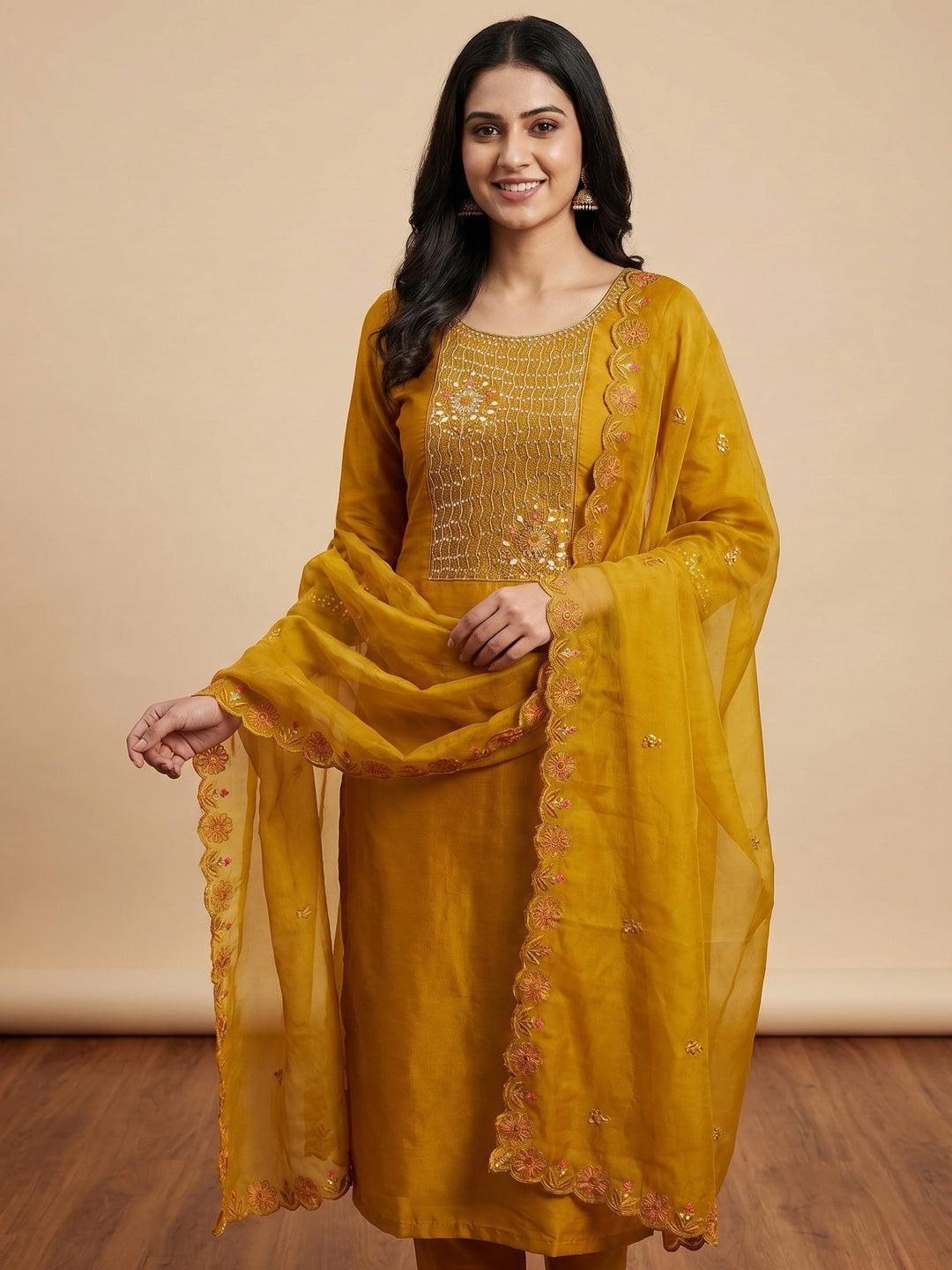 Mustard Floral Embroidery With Handwork Roman Cotton Silk Material Material - Image 1