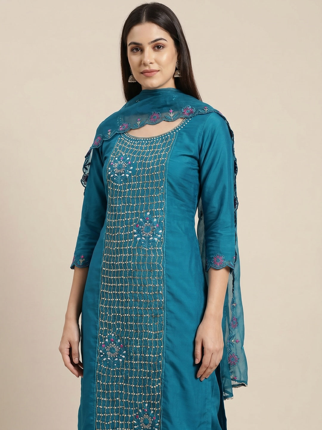 Blue Floral Embroidery With Handwork Roman Cotton Silk Material Material - Image 1