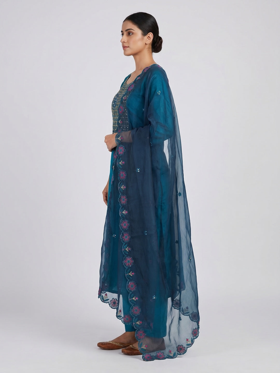 Blue Floral Embroidery With Handwork Roman Cotton Silk Material Material - Image 2