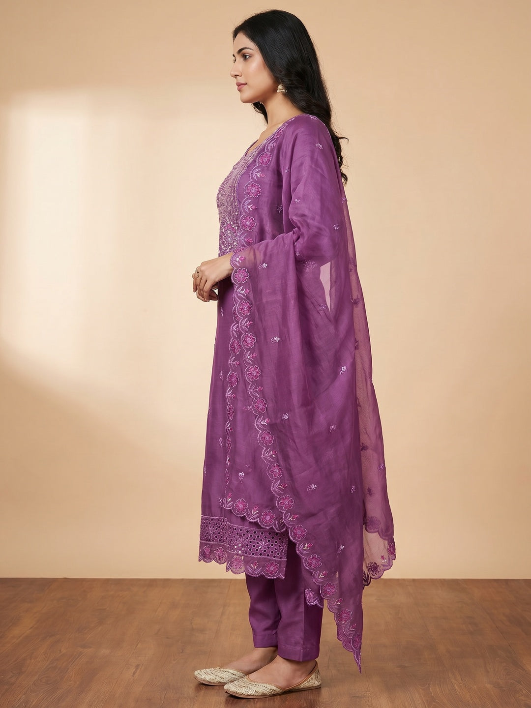 Purple Floral Embroidery With Handwork Roman Cotton Silk Material Material - Image 2