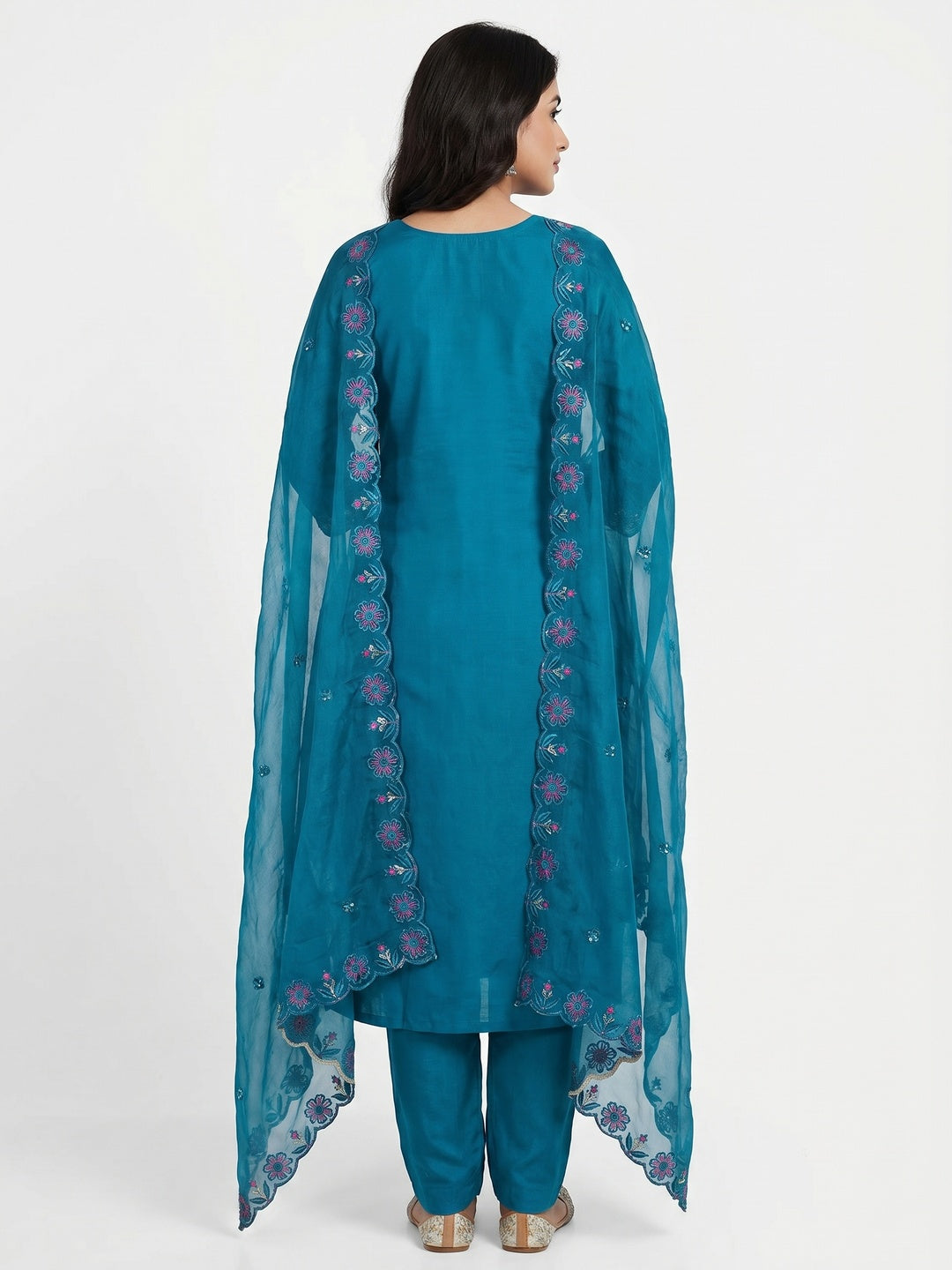 Blue Floral Embroidery With Handwork Roman Cotton Silk Material Material - Image 3