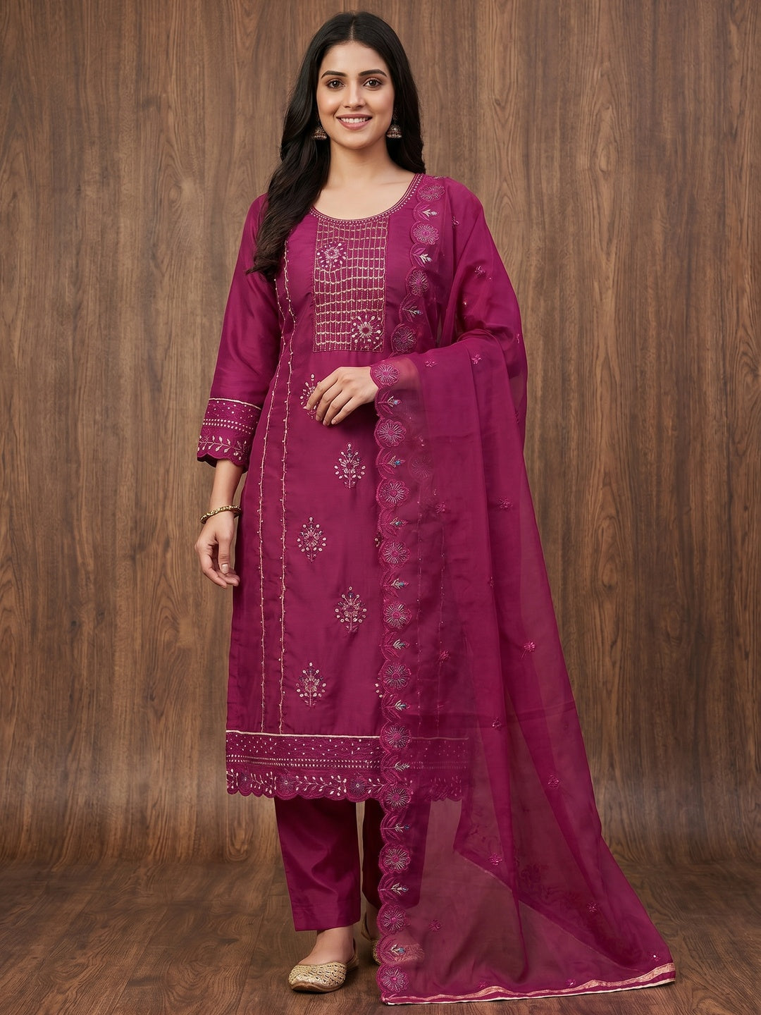 Magenta Floral Embroidery With Handwork Roman Cotton Silk Material Material - Image 1