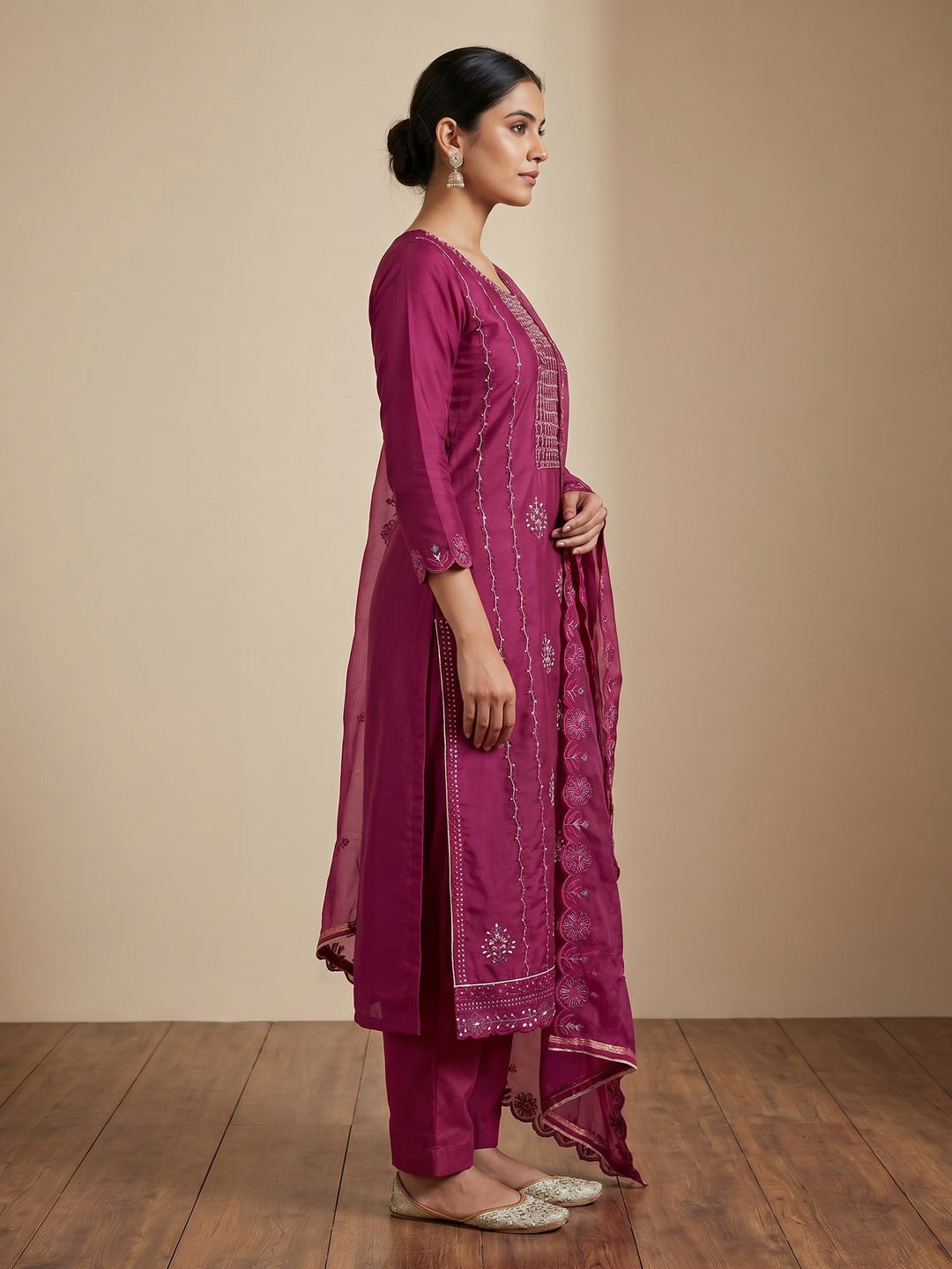 Magenta Floral Embroidery With Handwork Roman Cotton Silk Material Material - Image 2