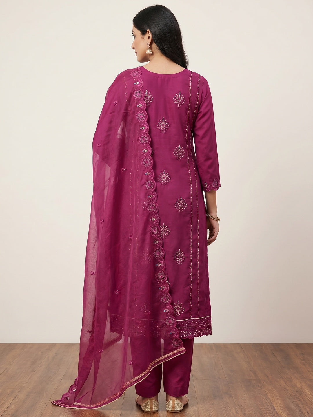 Magenta Floral Embroidery With Handwork Roman Cotton Silk Material Material - Image 3