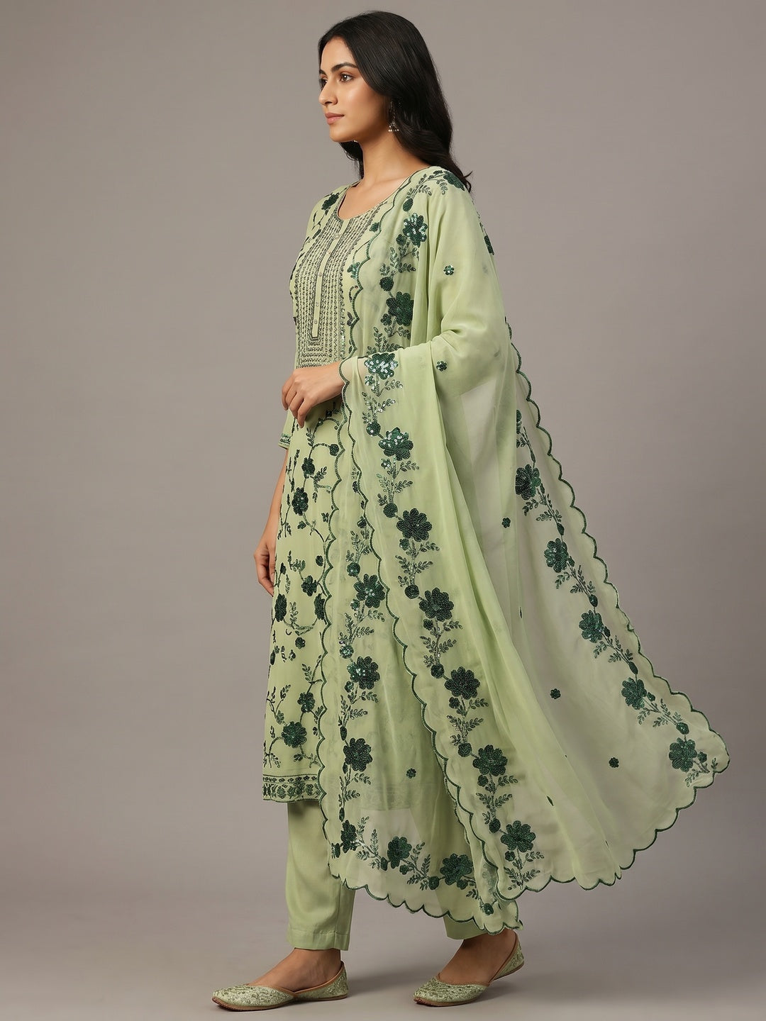 Pista Green Floral Sequins Embroidered Georgette Dress Material - Image 2