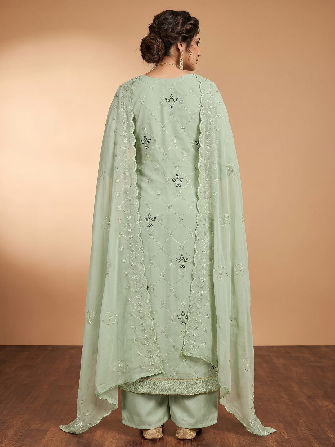 Pista Green Floral Sequins Embroidered Georgette Dress Material - Image 3