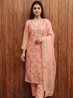 Peach Floral Embroidered With Handwork Organza Dress Material - Image 1
