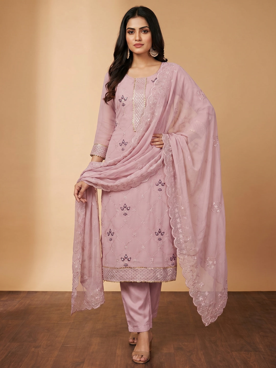 Pink Floral Sequins Embroidered Georgette Dress Material - Image 1