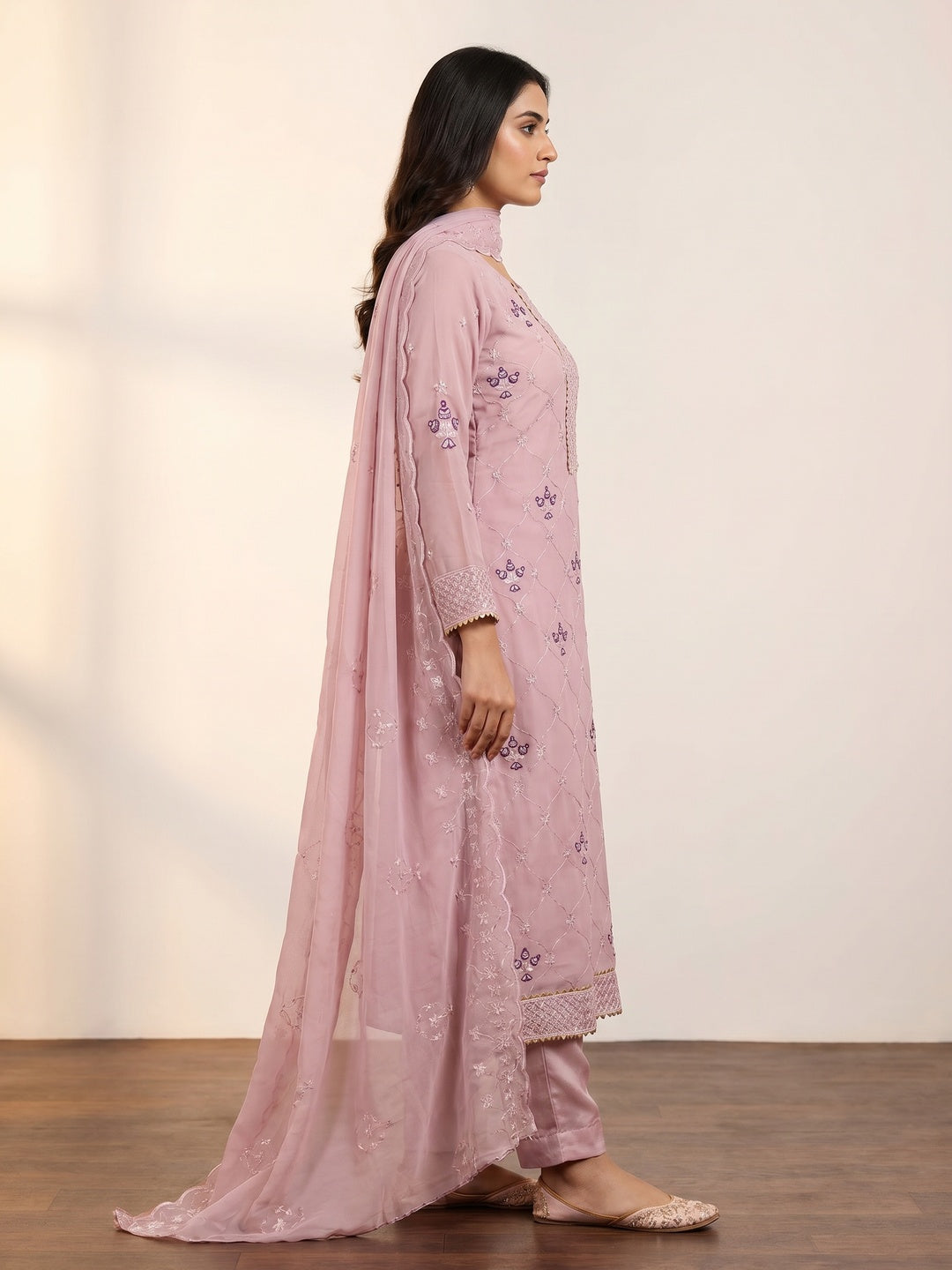 Pink Floral Sequins Embroidered Georgette Dress Material - Image 2
