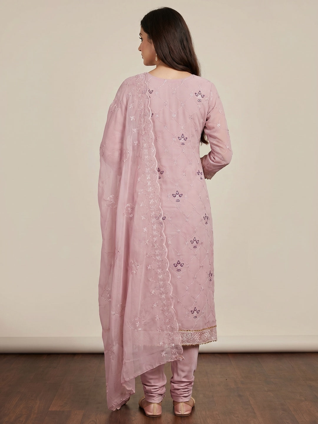 Pink Floral Sequins Embroidered Georgette Dress Material - Image 3