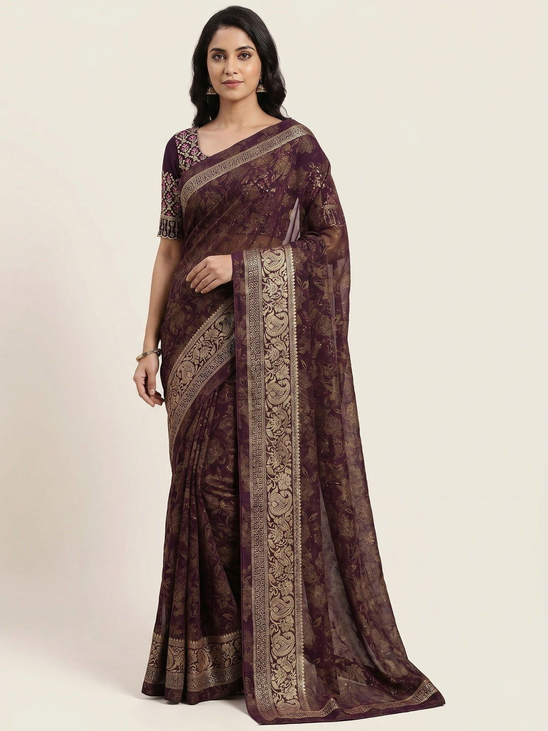Wine Floral Foil Printed Georgette Saree With Tassels - Image 1