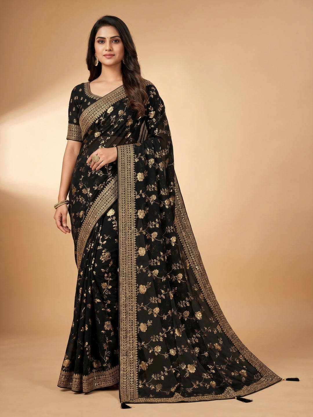 Black Floral Foil Printed Georgette Saree With Tassels - Image 1