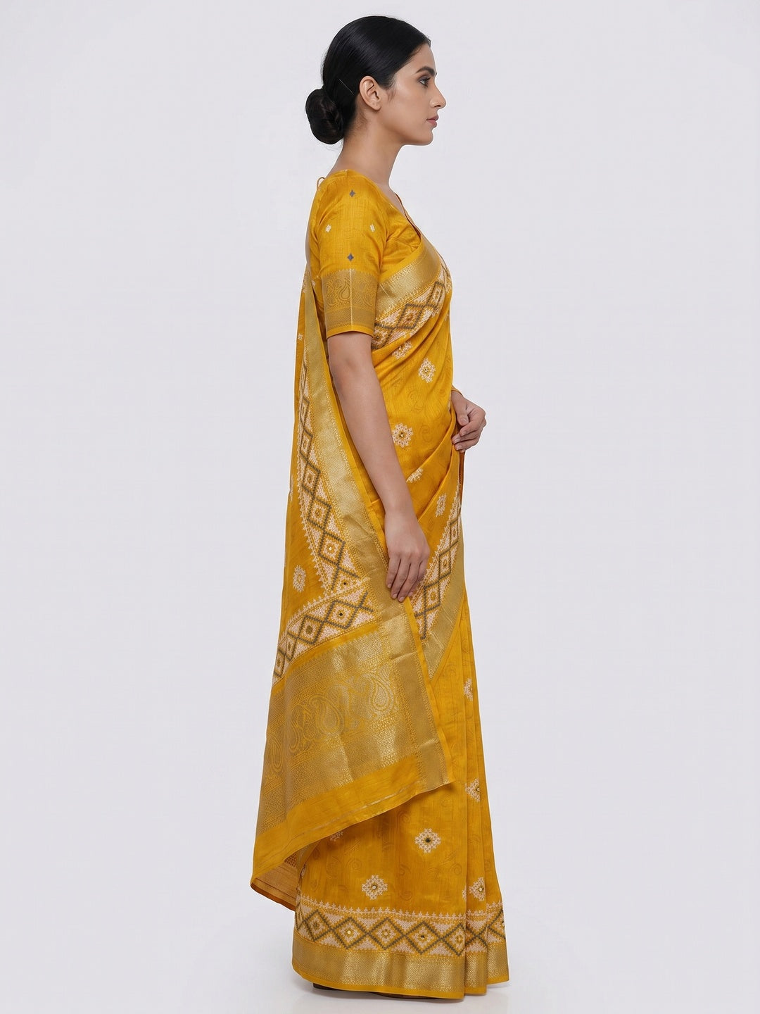 Mustard Printed With Mirror Work Crepe Saree With Tassels - Image 3