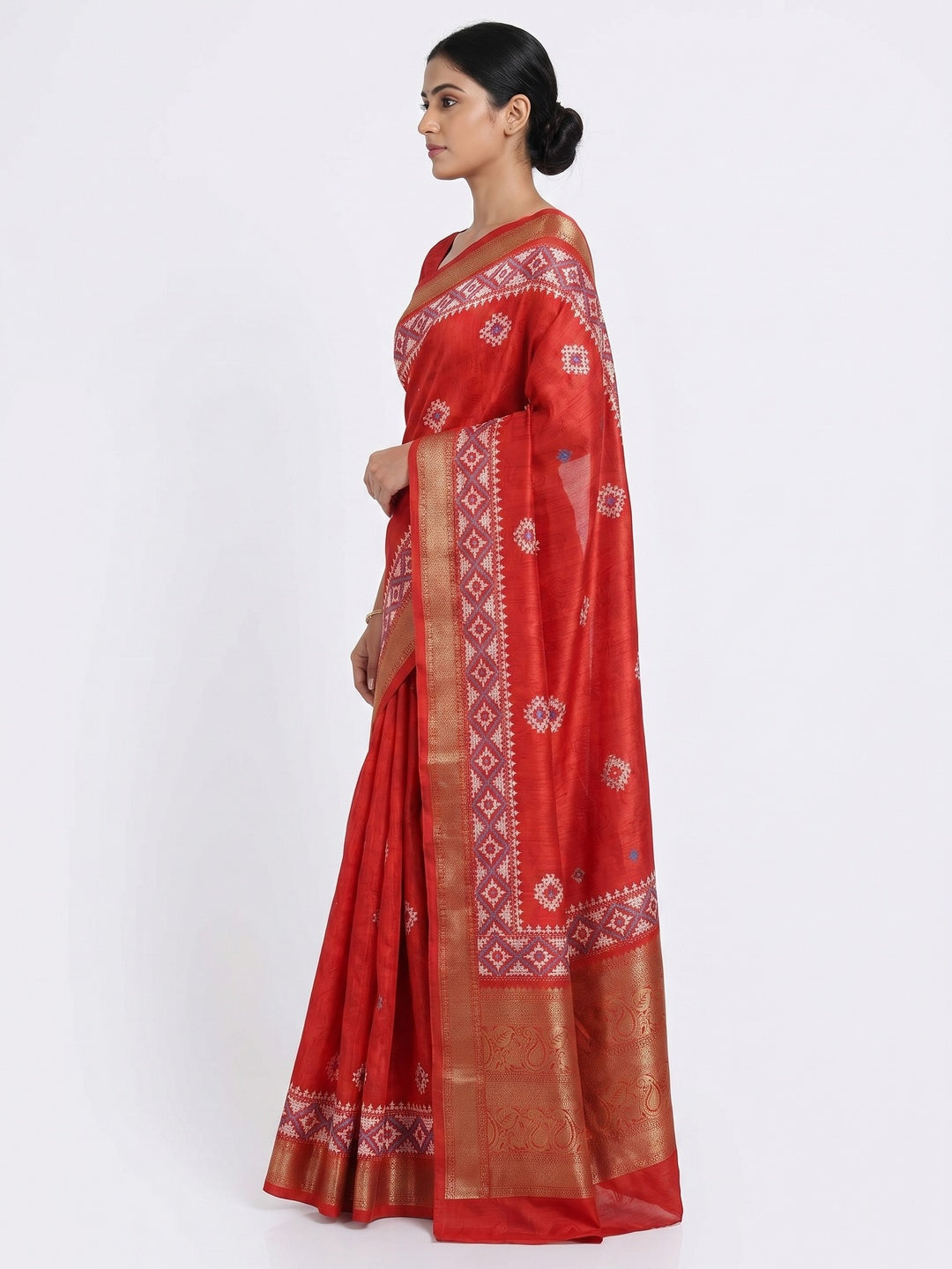 Red Printed With Mirror Work Crepe Saree With Tassels - Image 2