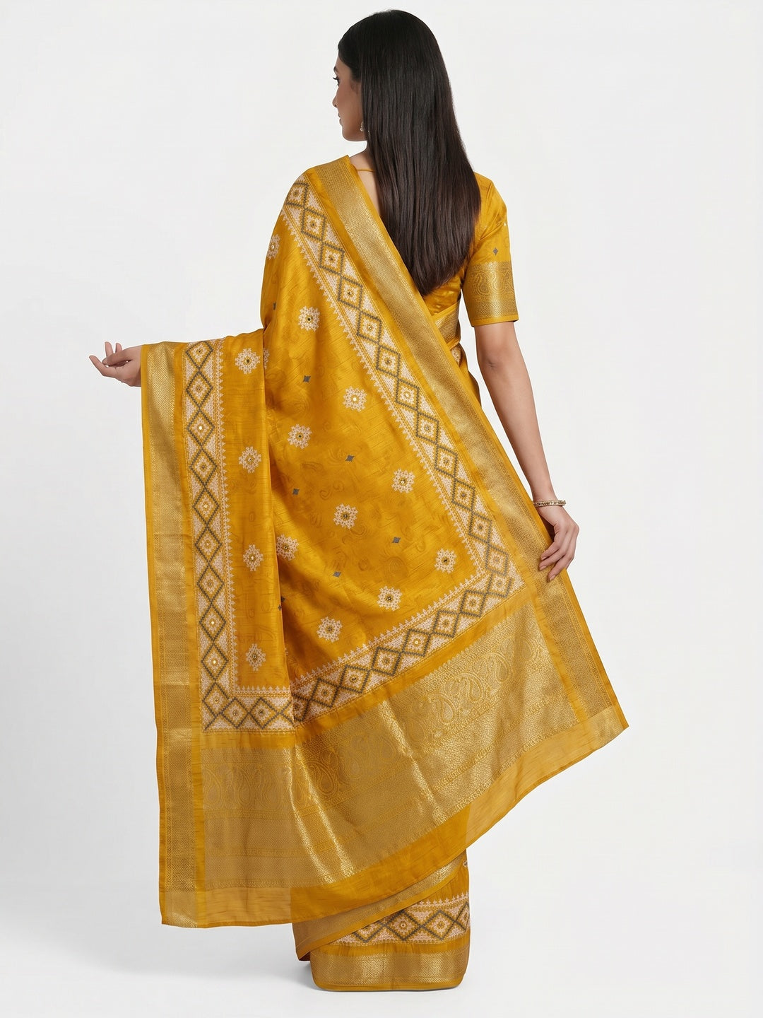 Mustard Printed With Mirror Work Crepe Saree With Tassels - Image 2