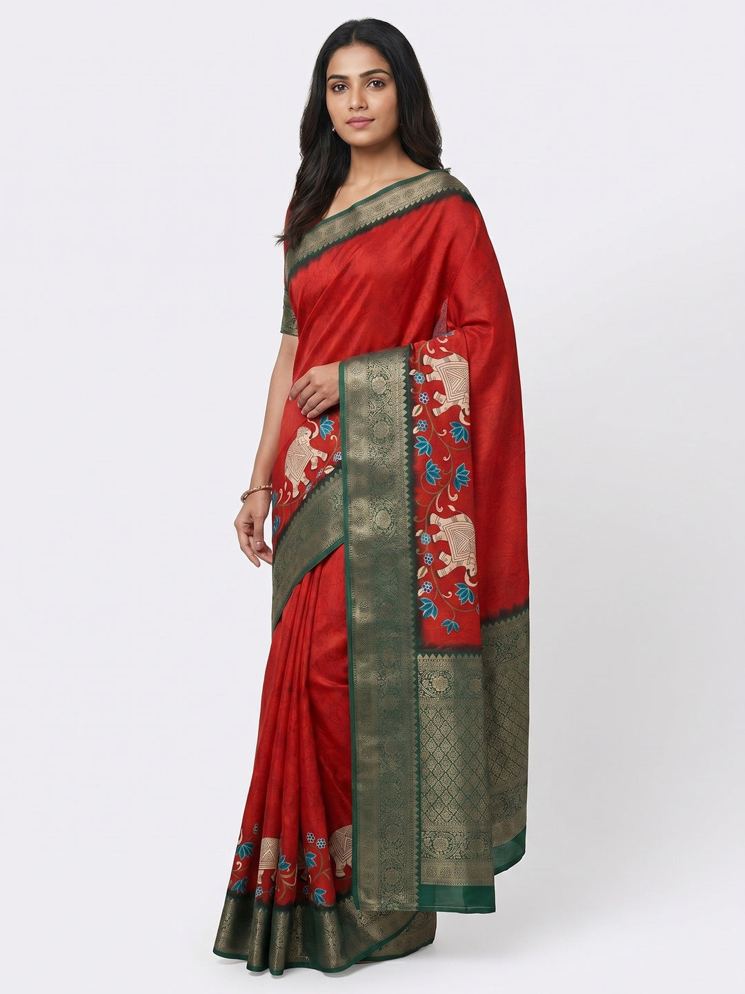 Red Printed Dola Silk Saree - Image 1
