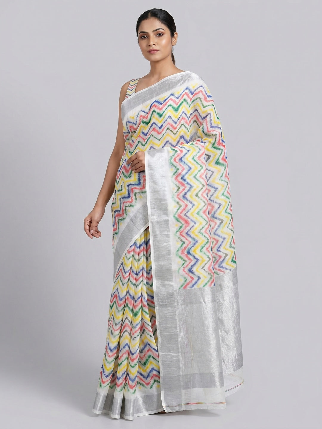 Multicolor Printed Soft Linen Saree - Image 1