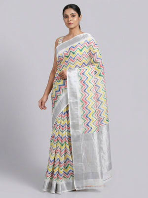 Multicolor Printed Soft Linen Saree - Image 1