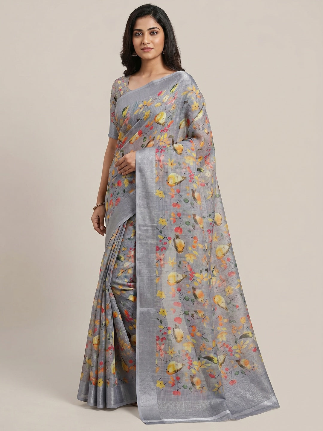 Grey Printed Soft Linen Saree - Image 1