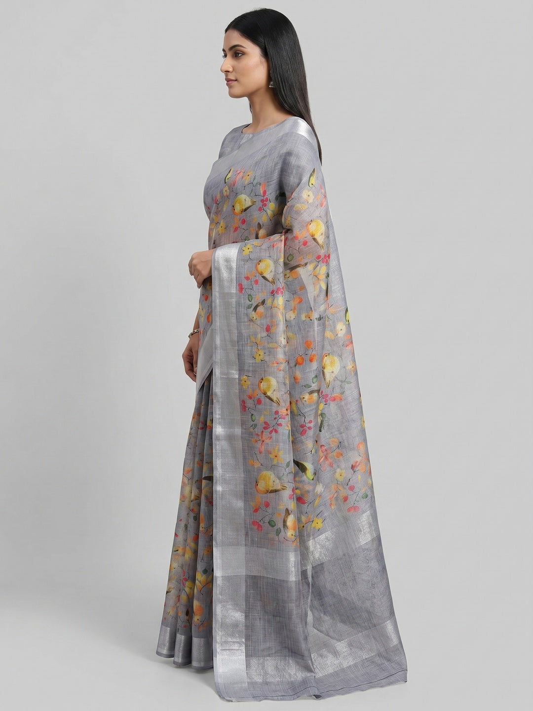 Grey Printed Soft Linen Saree - Image 4