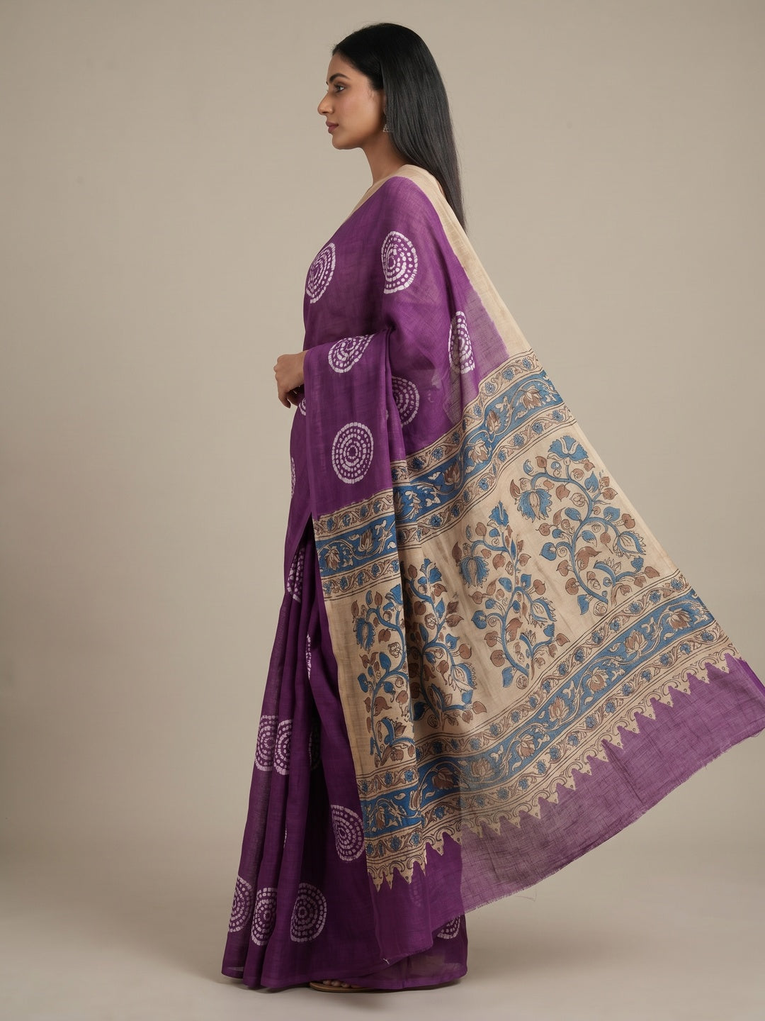 Purple Batik Printed Linen Saree - Image 3