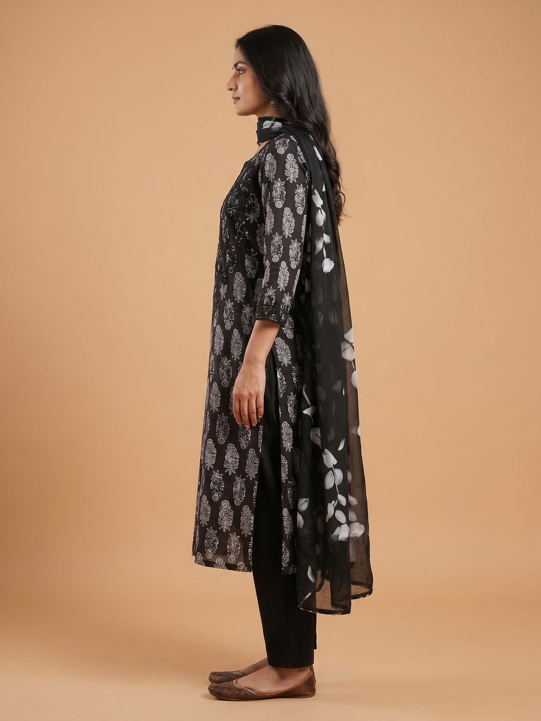 Black Printed With Embroidery Pure Cotton Dress Material - Image 1