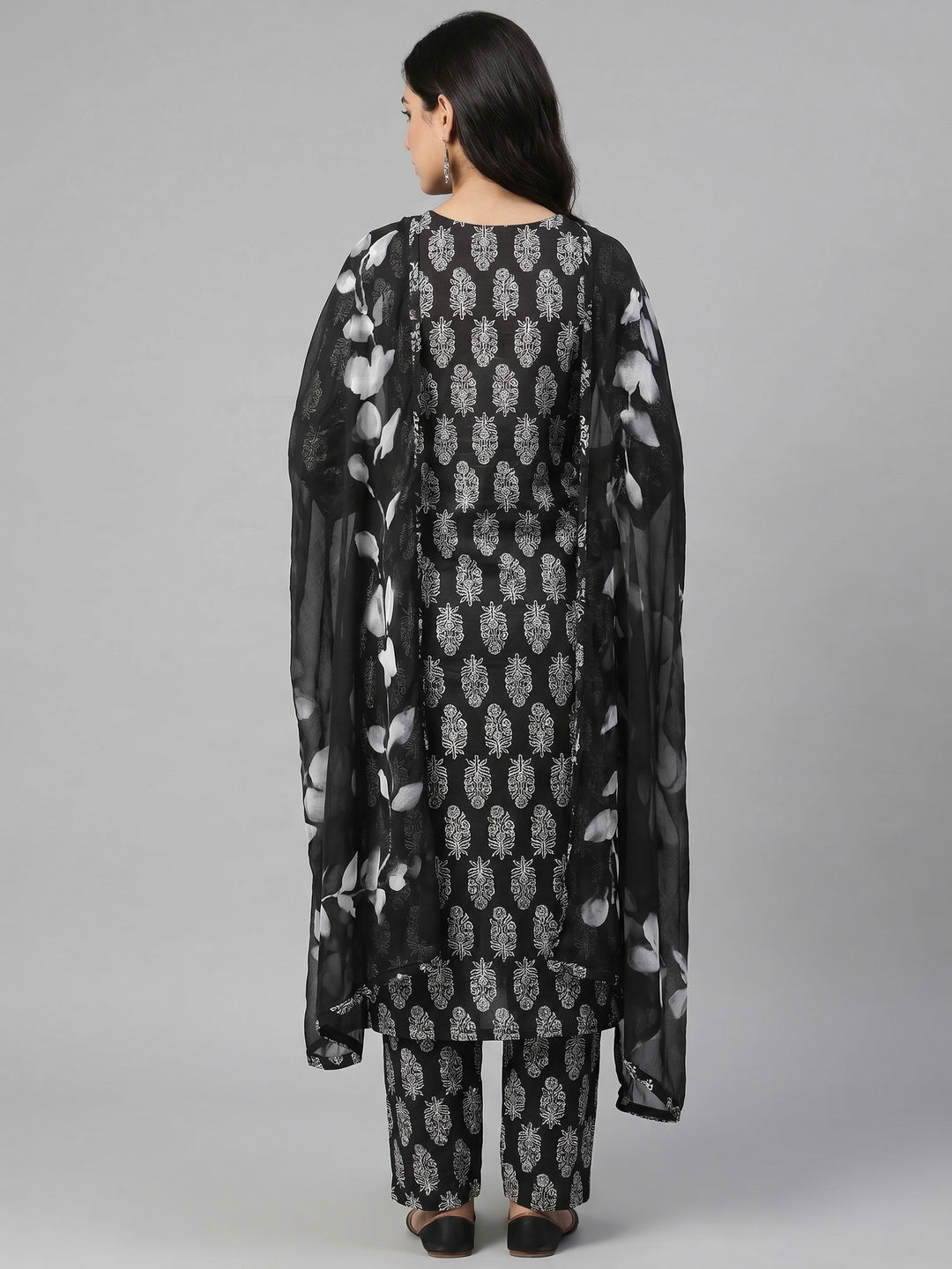 Black Printed With Embroidery Pure Cotton Dress Material - Image 2