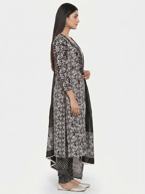 Black Printed With Embroidery Pure Cotton Dress Material - Image 1