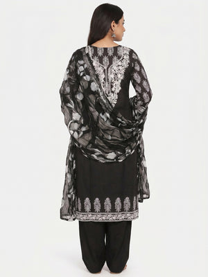 Black Printed With Embroidery Pure Cotton Dress Material - Image 1