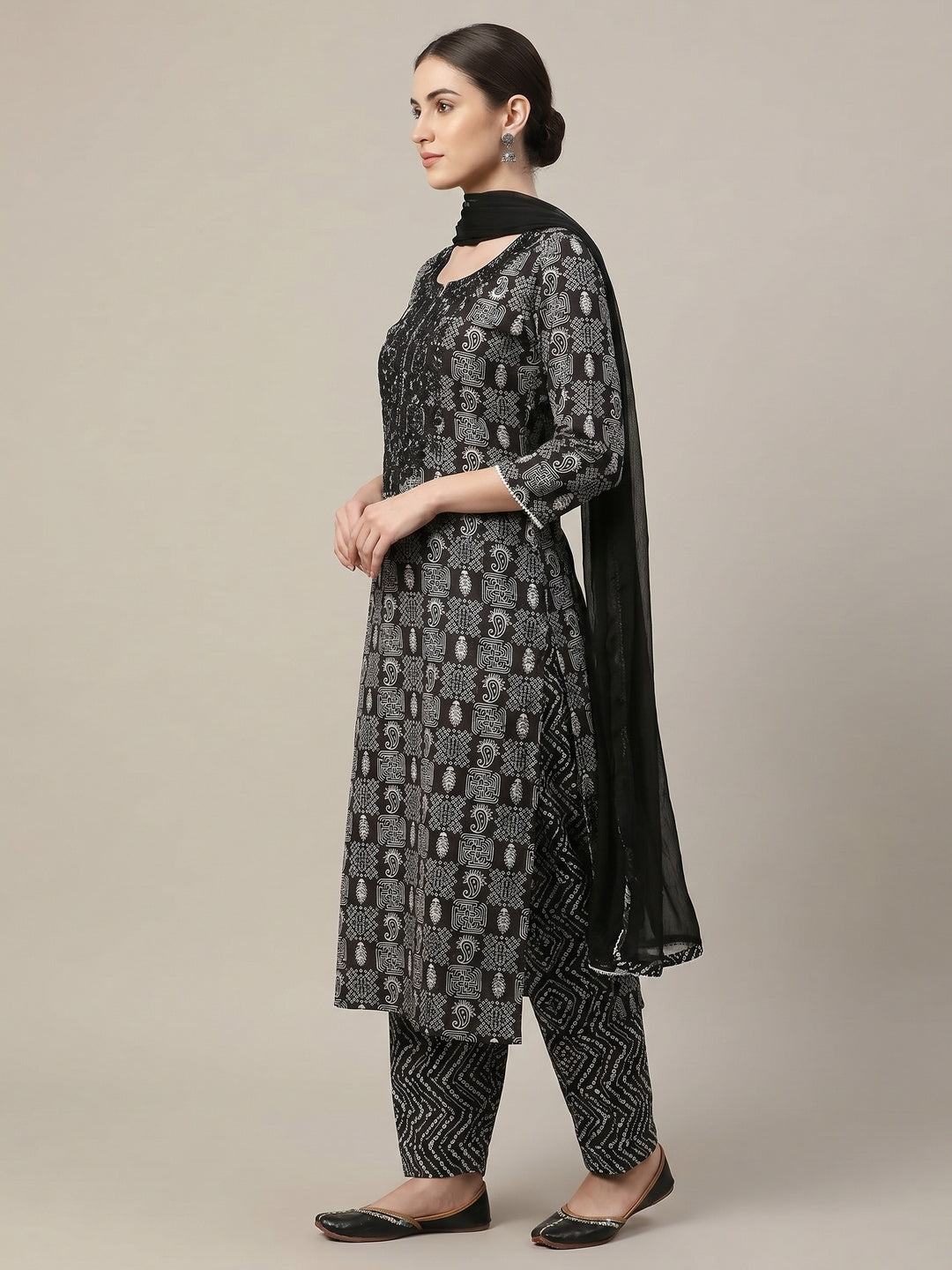 Black Printed With Embroidery Pure Cotton Dress Material - Image 3