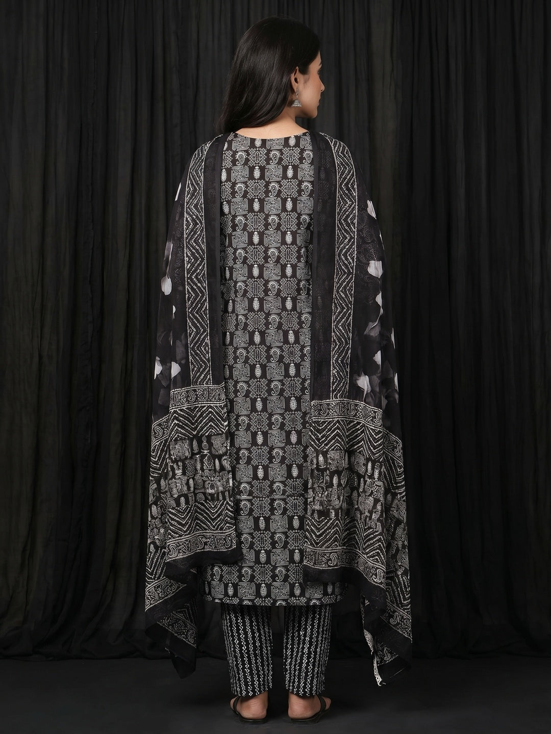 Black Printed With Embroidery Pure Cotton Dress Material - Image 2