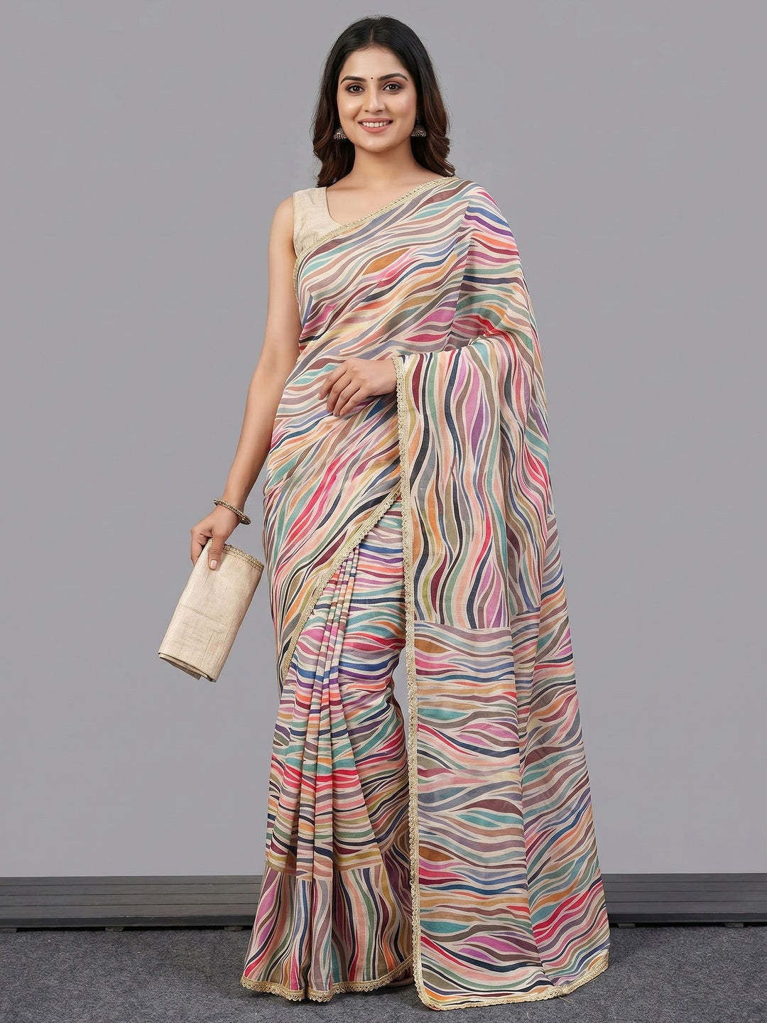 Multicolor Striped Digital Printed Chinon Silk Saree With Fancy Lace Border - Image 1