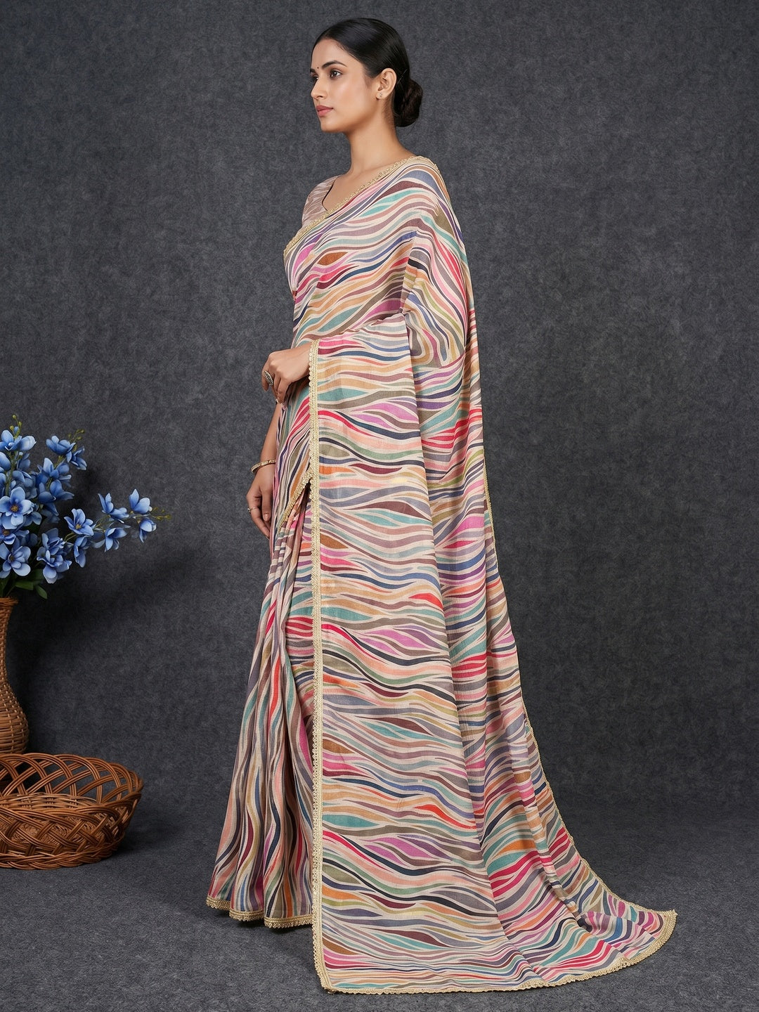 Multicolor Striped Digital Printed Chinon Silk Saree With Fancy Lace Border - Image 3