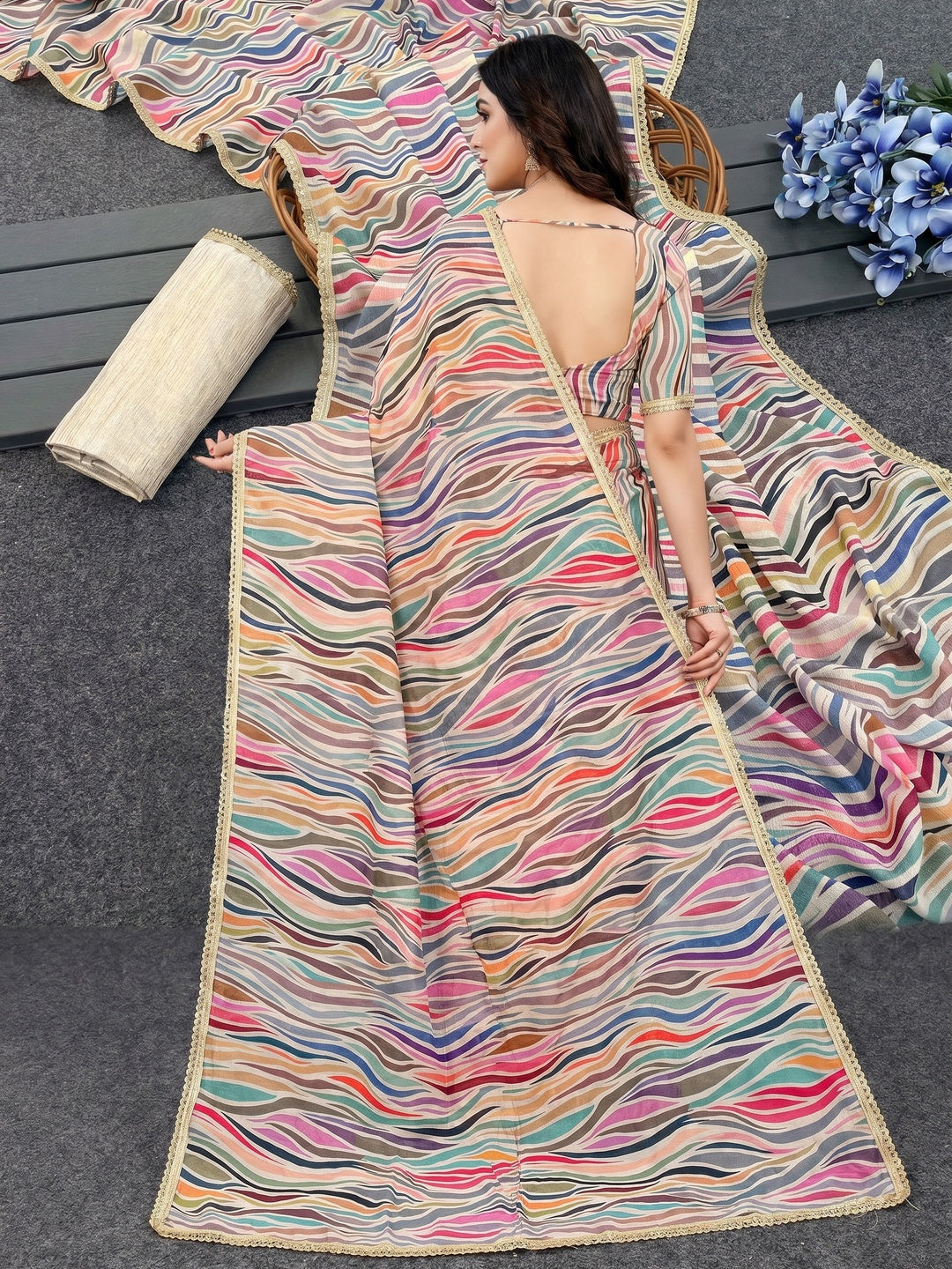 Multicolor Striped Digital Printed Chinon Silk Saree With Fancy Lace Border - Image 2