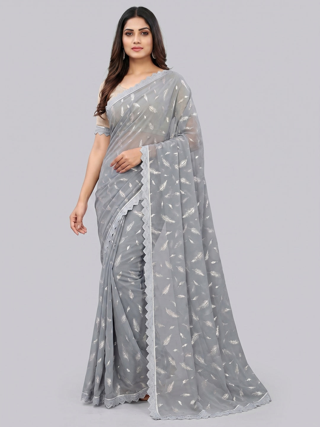 Grey Foil Printed With Swarovski Georgette Saree - Image 1