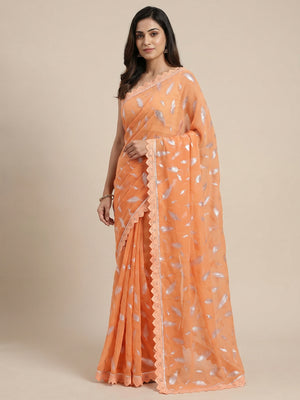 Orange Foil Printed With Swarovski Georgette Saree - Image 1