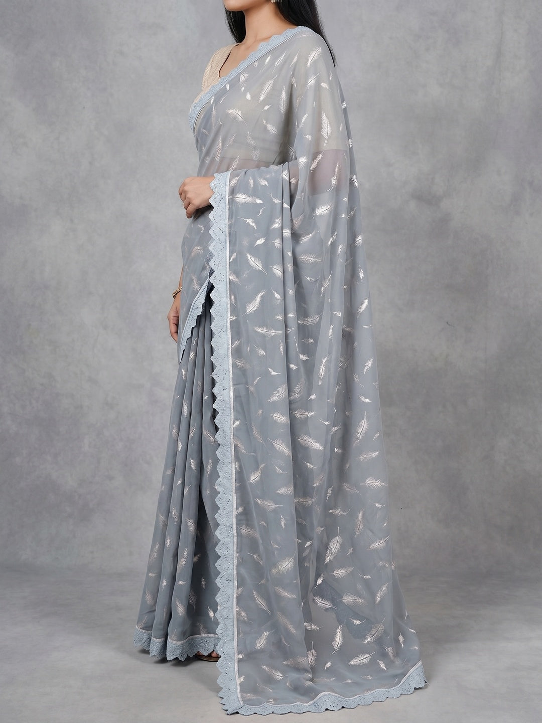 Grey Foil Printed With Swarovski Georgette Saree - Image 2