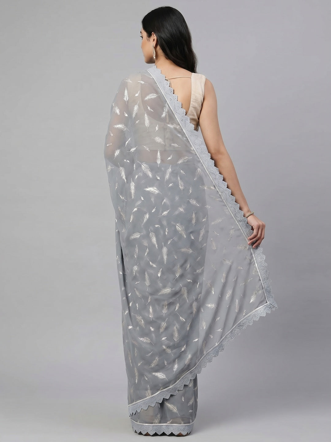 Grey Foil Printed With Swarovski Georgette Saree - Image 3