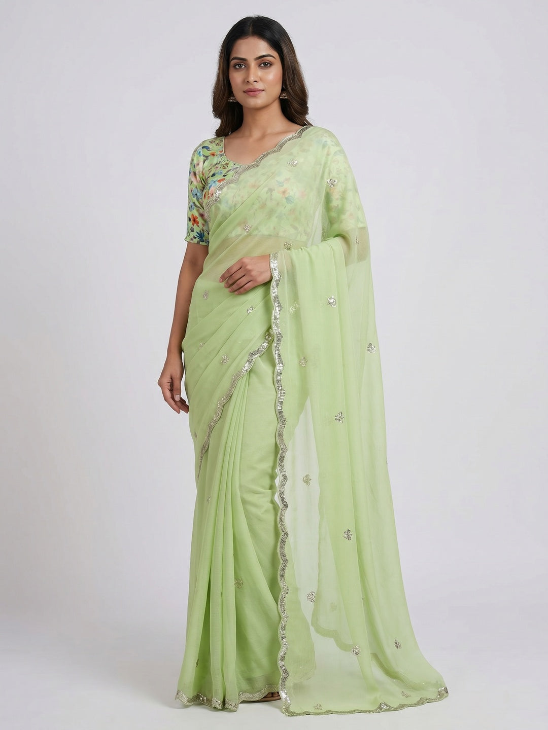 Green Floral Sequins Embroidered Chiffon Saree - Image 1