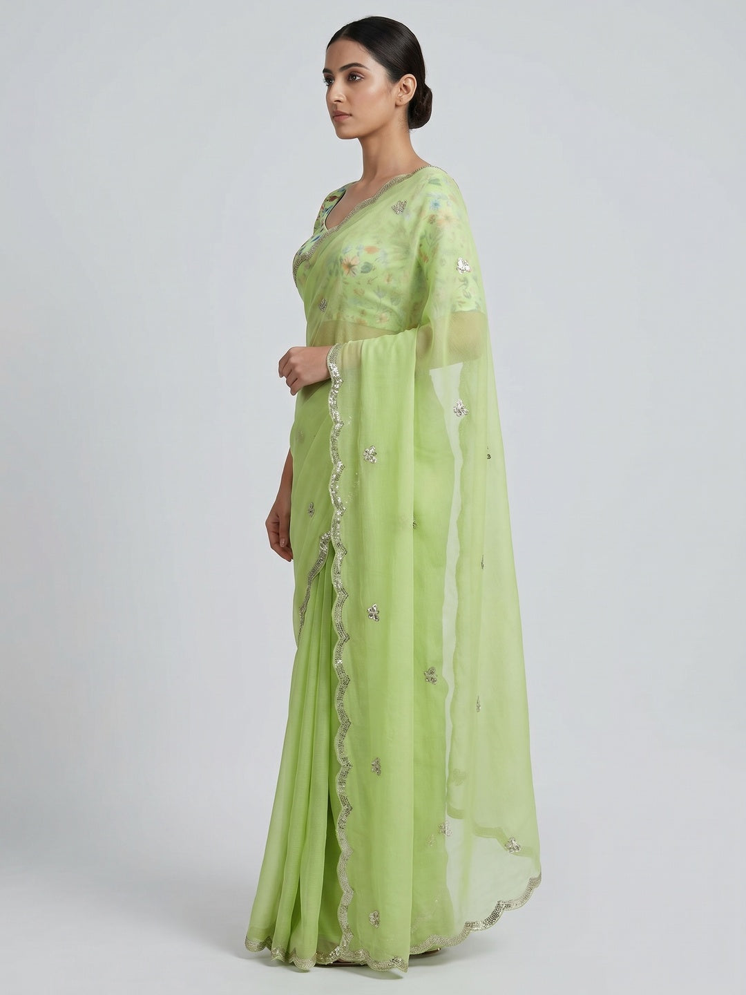 Green Floral Sequins Embroidered Chiffon Saree - Image 3