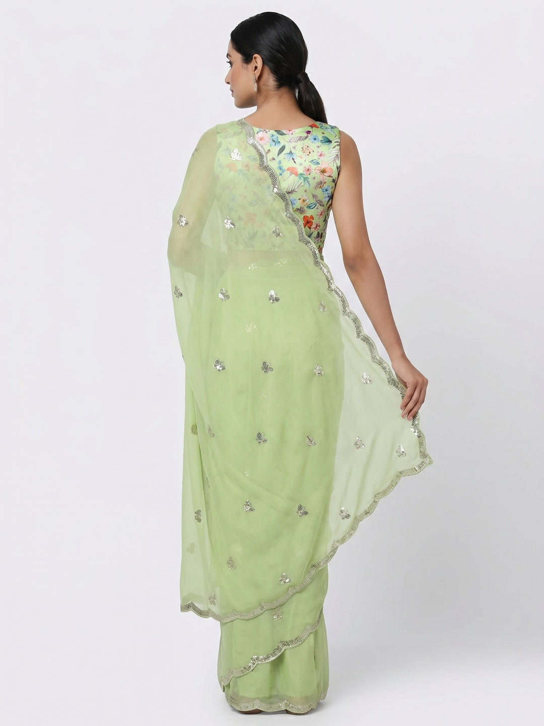 Green Floral Sequins Embroidered Chiffon Saree - Image 2