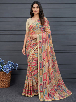 Multicolor Geometric Digital Printed Georgette Saree With Fancy Lace Border - Image 1