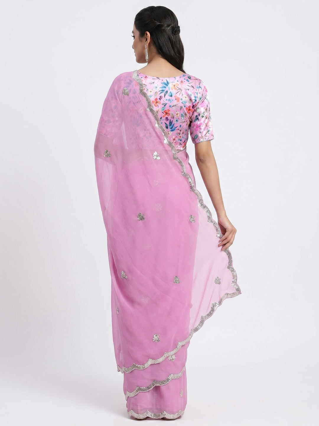 Pink Floral Sequins Embroidered Chiffon Saree - Image 3