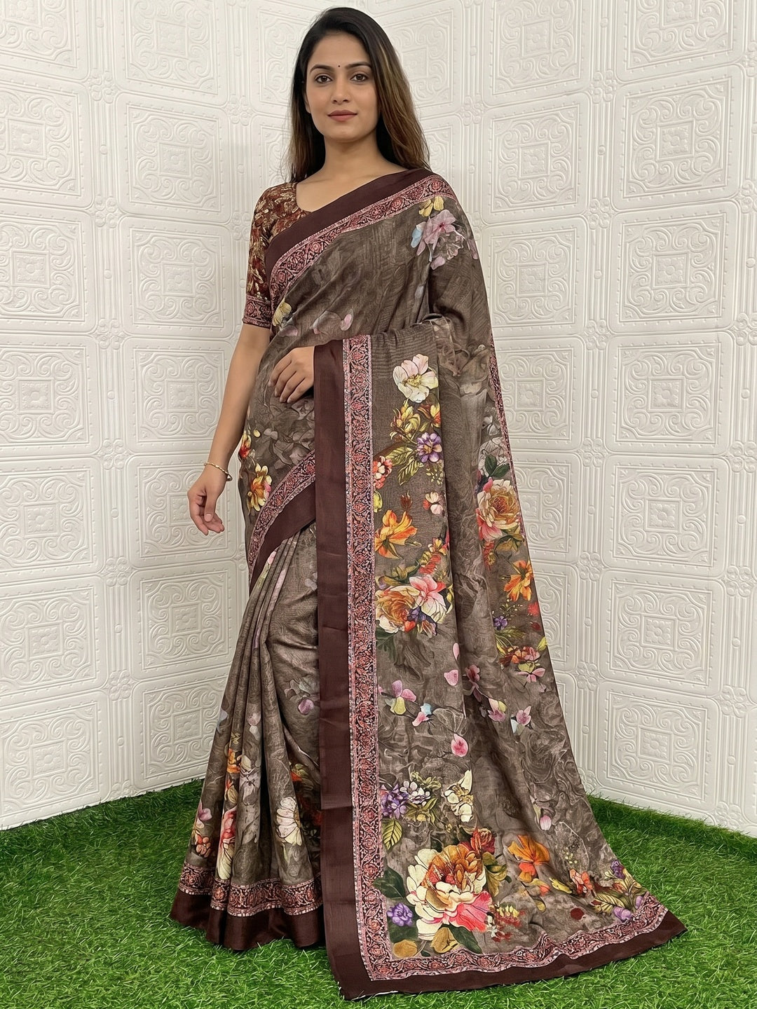 Brown Floral Digital Printed Chinon Silk Saree - Image 1