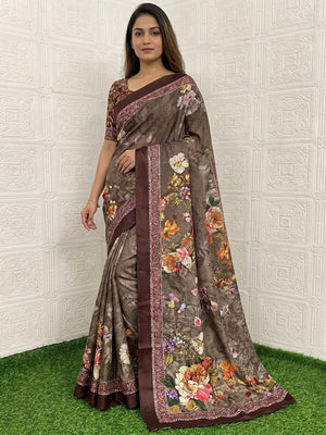 Brown Floral Digital Printed Chinon Silk Saree - Image 1