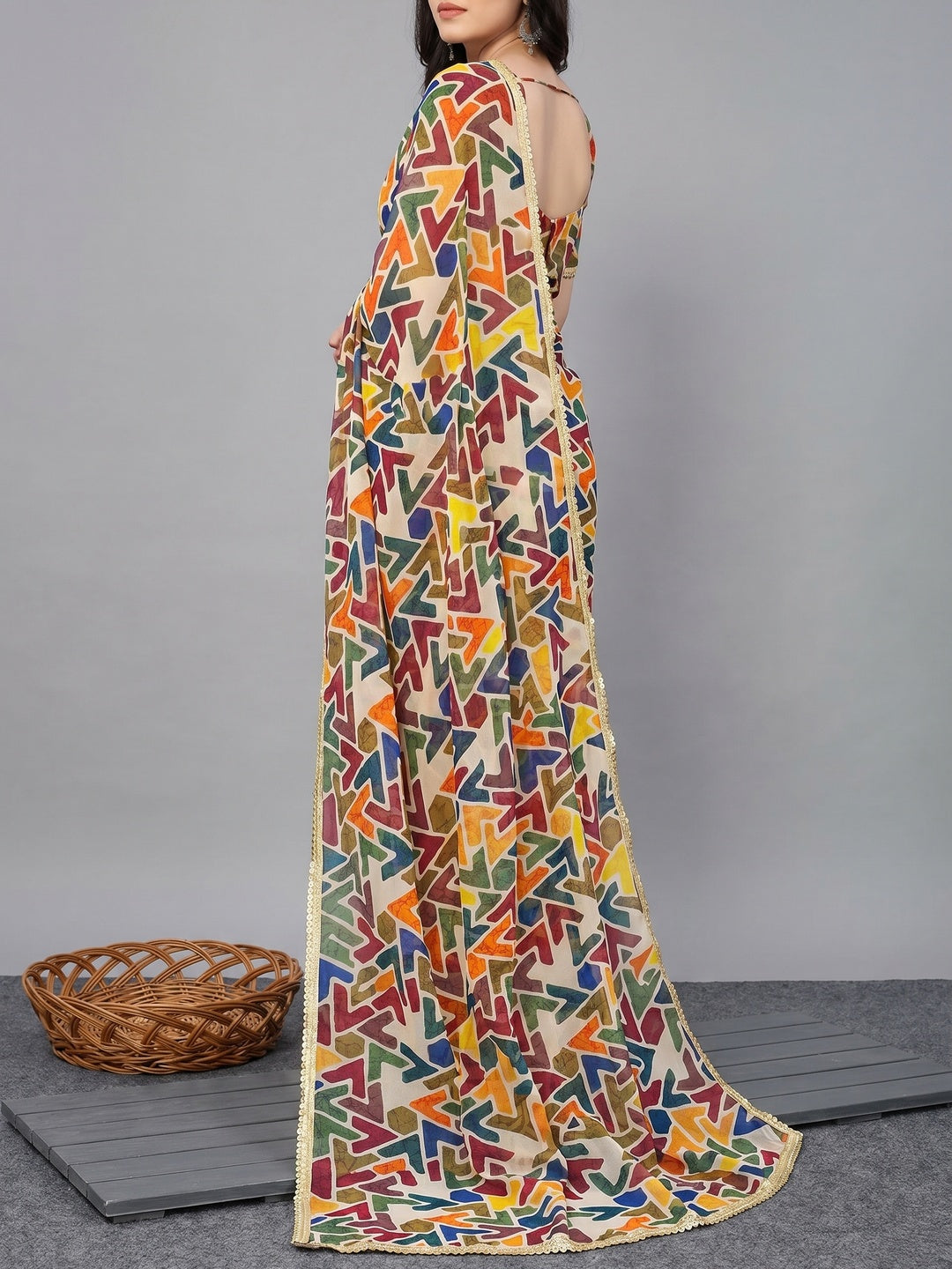 Multicolor Geometric Digital Printed Georgette Saree With Fancy Lace Border - Image 2