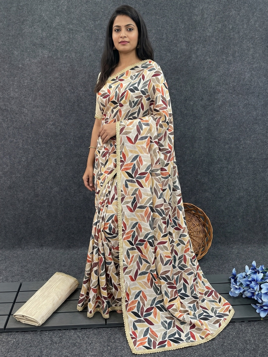 Multicolor Digital Printed Chinon Silk Saree With Fancy Lace Border - Image 1