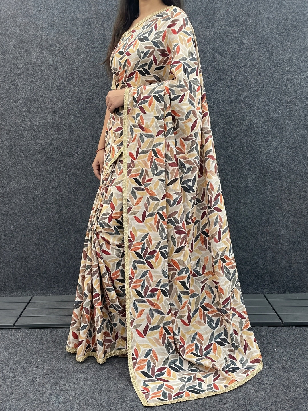 Multicolor Digital Printed Chinon Silk Saree With Fancy Lace Border - Image 3