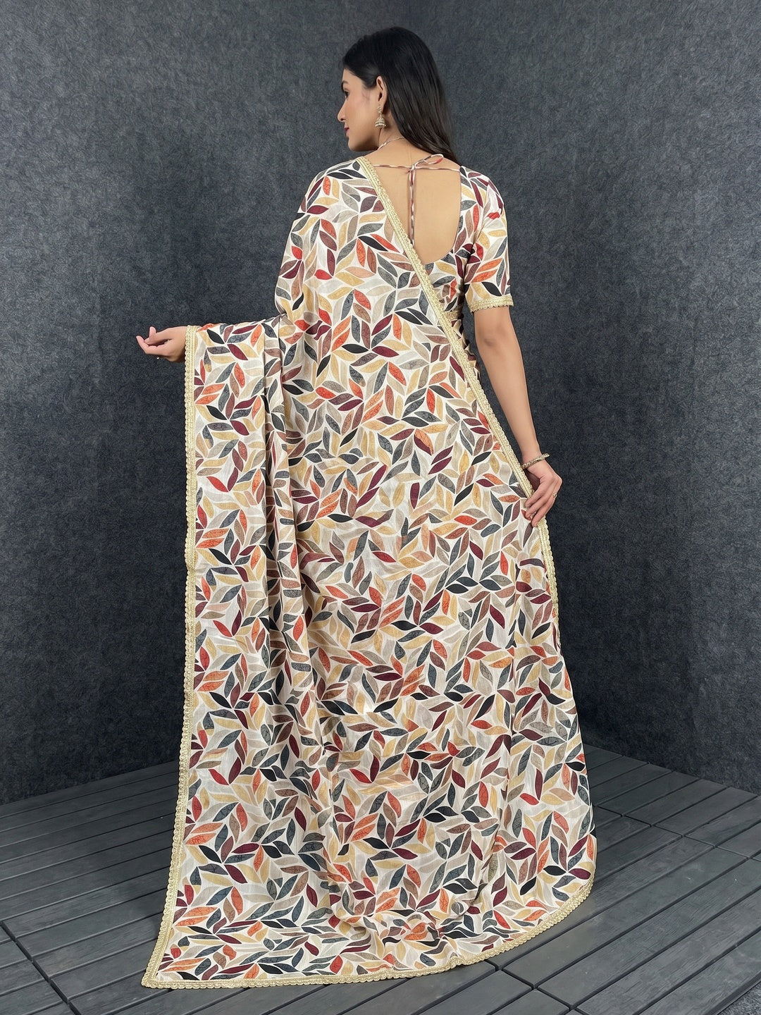 Multicolor Digital Printed Chinon Silk Saree With Fancy Lace Border - Image 2